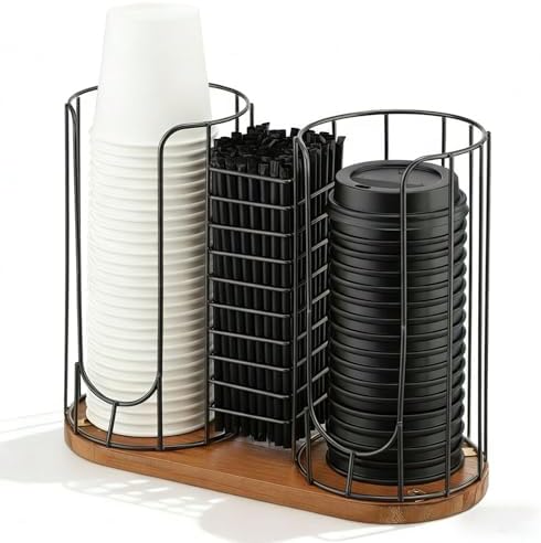 Geelin 18oz Adjustable Coffee Cup Dispenser with Wooden Base, Cup and Lid Holder, Cups Holder Organizer for Coffee Pod Straw and Lid Storage(3-Compartment Single,Color 1) by Geelin