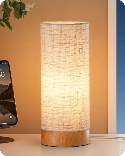 EDISHINE 9.85" Wood Table Lamp, Cylindrical Beige Linen Lampshade, E26 by EDISHINE