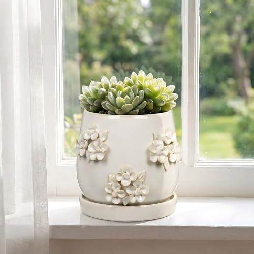 6 Inch Ceramic Plant Pot with 3D Floral Relief Embossed Texture Ivory White - Image 4