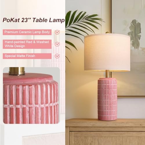 PoKat 23" Ceramic Table Lamps for Living Room, Farmhouse Bedside Lamps Set of 2 for Bedroom, Rustic Nightstand Lamps for Office Sideboard Entryway Hallway Decor Gifts (Matte Red) - Image 3