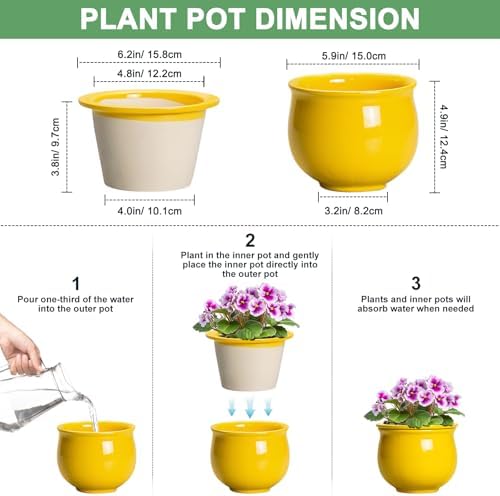 Ceramic Self Watering Planters, 6 Inch African Violet Pots for Indoor Outdoor Plants, Ceramic Plant Pot with Absorbent Inner Pot, Round Flower Pots, Living Room Decor, Gifts for Women, Yellow - Image 2