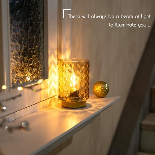 LUSHARBOR Battery Operated Lamp with Timer, Small Decorative Table Lamp Ambient, Glass Cordless Lamps Bedside Battery Powered Lamp for Bookshelf, Entryway Wave Design-Amber - Image 3