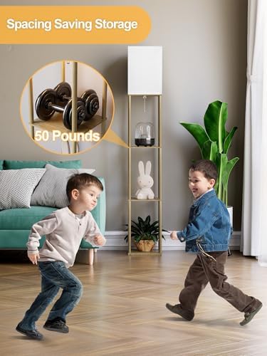 Floor Lamp with Shelves for Living Room Natural Wood, Shelf Floor Lamp with 3 CCT LED Bulb, Corner Display Standing Column Lamp Etagere Organizer Tower Nightstand with White Linen Shade for Bedroom - Image 5