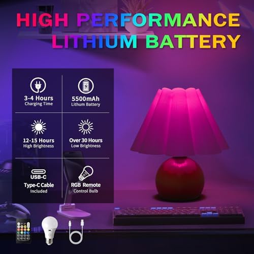 Rechargeable Cordless Green Small Table Lamp, Battery Operated Remote Control LIght Mini Cute Table Lamps for Bedroom Nightstand, Cute Small Table Lamp for Small Spaces for Kitchen Counter, Bookshelf - Image 6