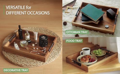 Joy&Grace Acacia Wood Ottoman Tray with Handles 16.7" x 12.8" - Image 5