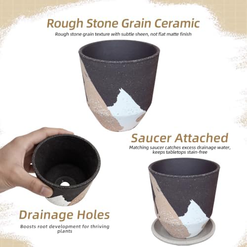 5.1 Inch Ceramic Planter Pot with Drainage Hole and Saucer, Rustic Round Flower Pot for Indoor Succulent Plants, Home Office Desk Decor(Brown&White) - Image 4