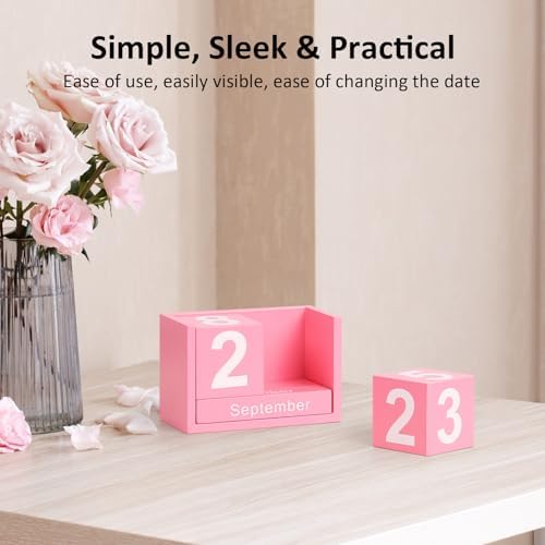 Wooden Block Calendar for Desk, Small Size Daily Desktop Perpetual Desk Calendar, Cute Date Display Desk Accessories for Home Office Decor, Teacher, Classroom, Reusable Yearly, Pink - Image 5