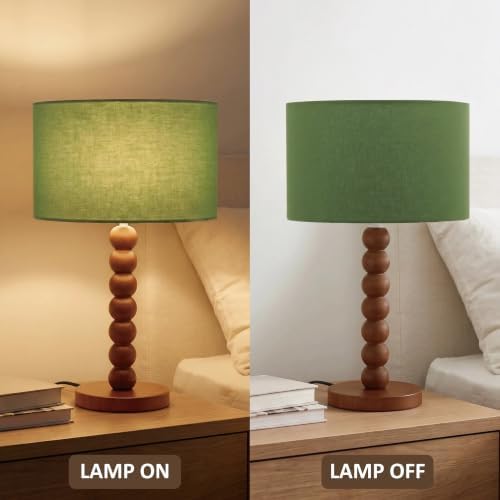 Buruis 17.5" Walnut Wood Beaded Table Lamp with Linen Shade, Dimmable,Green - Image 2