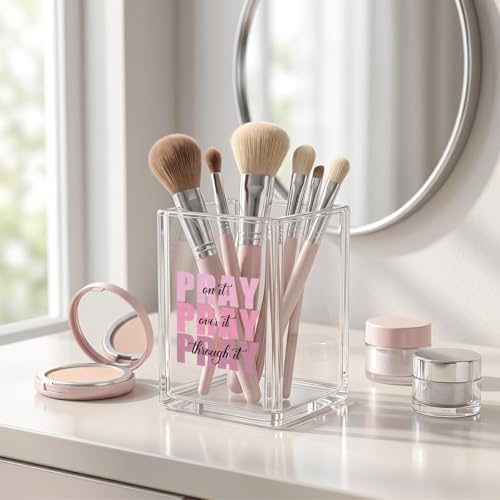 Inspirational Pen Holder - Pray on it, Pray over it, Pray through it Acrylic Desk Organizer, Christian Gifts for Women, Religious Office Decor, Makeup Brush Cup, Prayer Room Accessory, Clear - Image 5