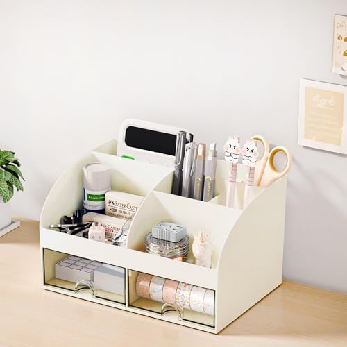COMFYROOM Desk Organizer with 6 Compartments and 2 Drawers, Plastic Makeup Organizer, Pen Holder for Desktop Storage, Desk Organization for School, Home, Office Supplies (Ivory) - Image 6