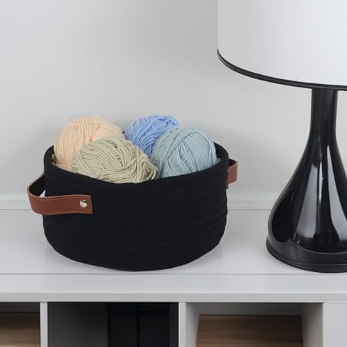 Small Woven Cotton Rope Basket with Leather Handle, Black - Image 3