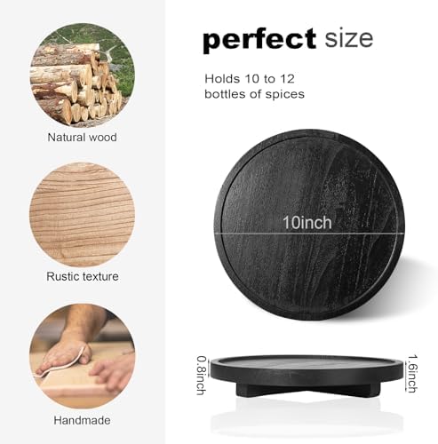 Round Decorative Tray Wood Bathroom Counter Organizer Farmhouse Kitchen Decor Wooden Riser for Soap Dish, Perfume, Candle, Sponge, 10" - Black - Image 6