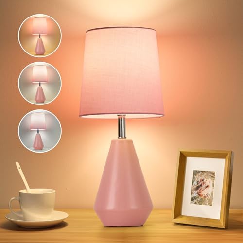 Small Bedside Table Lamp for Bedroom - Reading Desk Lamp with 3 Color Temperatures，15.5" Nightstand Ceramic Lamp with Fabric Shade for Kids Room,Living Room,Dorm,Home Office (Pink) by Illuminatingyoumeandhim