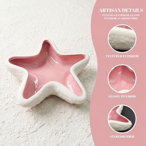 Starfish Jewelry Dish Ceramic Trinket Tray - Ocean Themed Ring Holder for Earrings, Necklaces, Beach & Bathroom Organizer with Glossy Glaze, Coastal Room Decor Gift for Women，Pink - Image 2