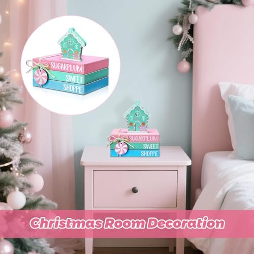 Yookeer 4 Pieces Pastel Christmas Gingerbread House Tiered Tray Decor Mini Wood Book Stacks Table Decorations Pastel Candy Wooden Book Table Sign for Christmas Home Room Mantle Fireplace Shelf - Image 6