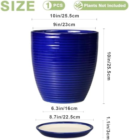 Ceramic Planter Pot - 10 Inch Plant Pot Indoor with Drainage Hole and Saucer Round Planter Large Modern Decorative Flower Pot Outdoor Garden Pot Blue - Image 3