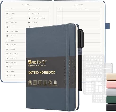 &And Per Se Dotted Notebook with Pen, 176 Numbered Dotted Pages, A5 Hardcover, Journal Stencils & Fineliner Pen for Beginners Women Men (Dark Blue) by AndPerSe