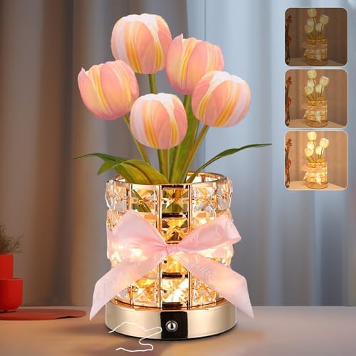 Tulip Flower Lamps, Rechargeable Cordless Small Desk Lamp, 3 Colors Dimmable Artificial Flowers Night Light, Fake Bouquet 5 Tulip with Crystal Vase for Home Date Party Decoration (Tulip-Pink) by Strackvial