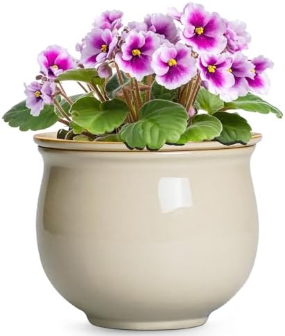 6 Inch Self Watering Pots for Indoor Plants, Ceramic African Violet Pots with Absorbent Inner Pot, Easy Self Watering Planter, Round Ceramic Flower Pot, Patio Decor, Gardening Gifts, Beige by Teagas