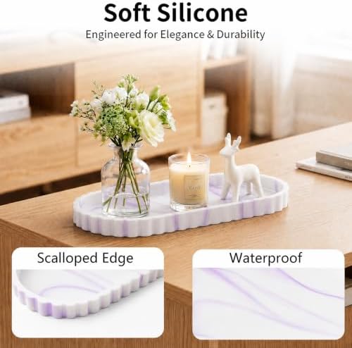 Silicone Bathroom Tray - 12''x5.3'' Oval Vanity Tray for Bathroom Countertop with Scalloped Edge, Elegant Bathroom Holders and Organizers for Toilet Top, Bathtub Caddy, Marble White Purple - Image 3