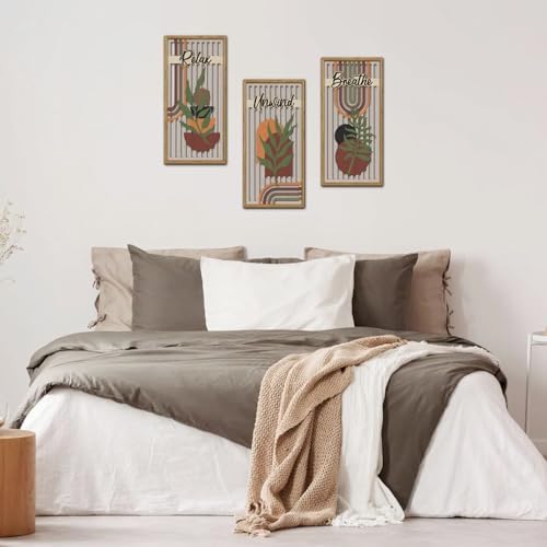 KAIRNE Boho Wooden Wall Art,Bohemian Wood Wall Decor Set of 3(16”X8”),Farmhouse Geometric Wooden Wall Decor,Abstract Minimalist Artwork for Living Room Bedroom Kitchen Office Decoration,Framed - Image 6