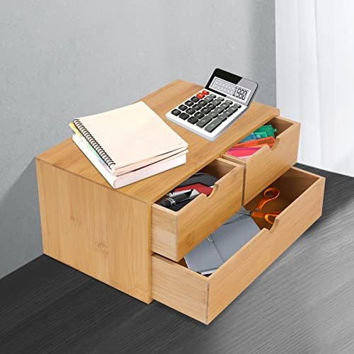 Bamboo Desk Organizer Small Retro Bamboo Tabletop Storage Box with Drawers& Recess Handles for Office Home Supplies Table Storage Collector 13 * 7.5 * 6in (3 Drawers/2 Top&1 Bottom) - Image 4