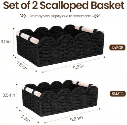 iEGrow Paper Rope Small Storage Baskets for Organizing, Set of 2 Scalloped Edge Wicker Basket with Wooden Handles Toilet Paper Basket for Over Toilet Storage Shelf, Home Decor, Living Room (Black) - Image 2