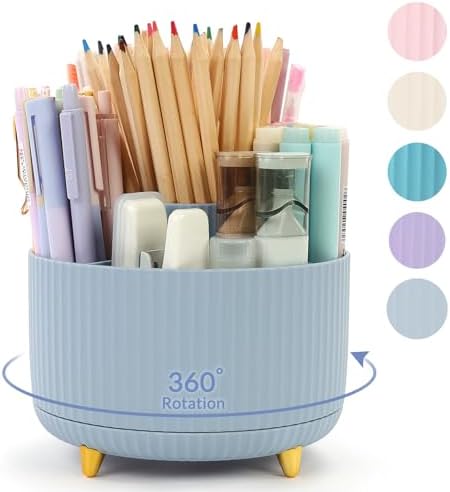 SKYDUE 360 Degree Rotating Desk Organizer, Dual-Purpose Pencil Pen Holder, Rotating Desk Pen Organizer with 5 Slots, Pencil Cup for Office, School, Home (Airy Blue) by SKYDUE