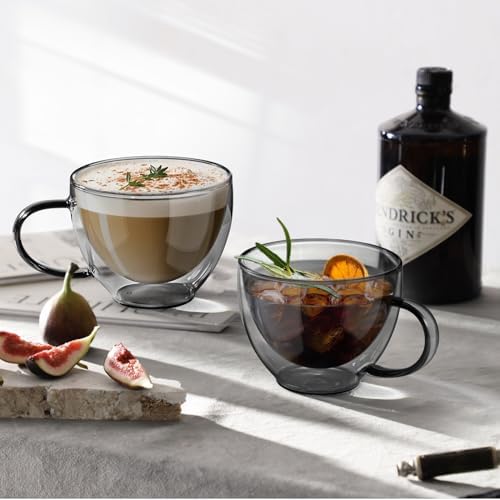 ecooe Black Double Walled Glass Coffee Mug 12 oz Cappuccino Cups Set of 2 - Image 5