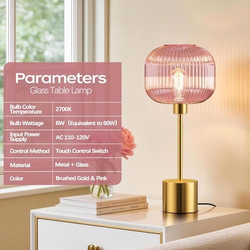 QiMH Glass Table Lamp for Living Room, Modern Bedside Lamp with Pink Ribbed Glass Shade, 3-Way Dimmable Touch Control Nightstand Lamp for Bedroom, Brushed Gold (2700K LED Bulb Included) - Image 3