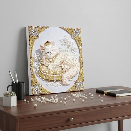 DIY Pearl Art Painting with Frame Creative Pattern Design Festival Stress-Relieving Home Wall Decoration 9.8X9.8in Tool Included-Cat - Image 3