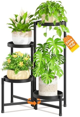 LASZOLA Plant Stand Indoor with 10 Inch Large Metal Tray, 4 Tier Black by LASZOLA
