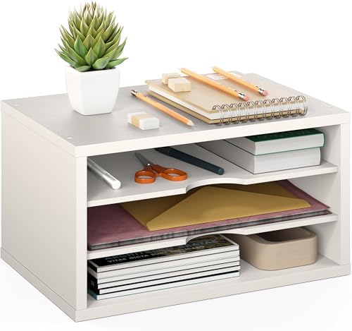 Ballucci File Organizer, 3-Tier Document Paper Sorter, Stackable Wood Desk Organizer, Mail Sorter and Monitor Stand with Storage Shelves, White by Ballucci