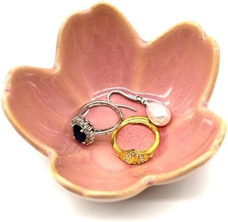 Pink Flower Ring Dish Jewlery Tray, Small Ceramic Jewelry Dish Tray Room Nightstand Decor Trinket Dish Bathroom Ring Holder Jewelry Plate Bowl Christmas Friendship Birthday Gifts for Women Mom by BESSKON