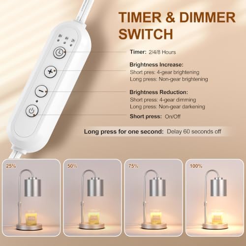 CASTLELIFE Dimmable Candle Warmer Lamp with Timer, Height Adjustable Candle Warmer for Jar Candles, Electric Wax Melt Warmer for Home Decor House Warming Gifts, Birthday Gifts for Women, Silver - Image 3