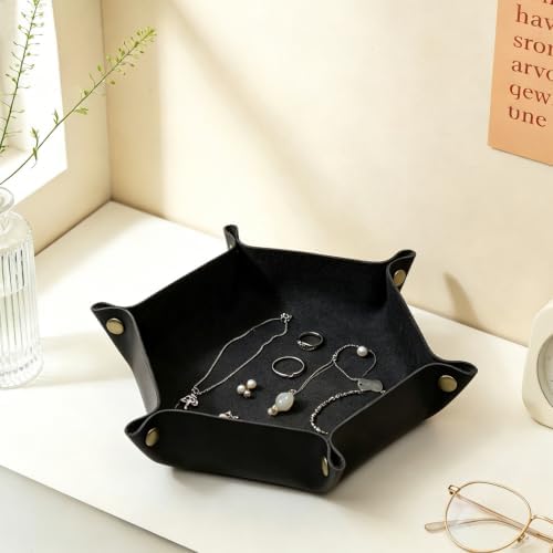 boshiho Valet Tray for Men, Leather Jewelry Catchall Key Phone Coin Box Change Caddy Bedside Storage Box (Jet Black) - Image 4