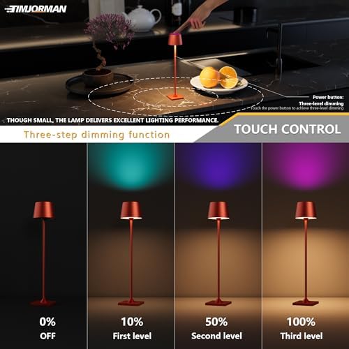 Timjorman Compact Cordless Table Lamp, Rechargeable LED Night Light, Dual Light Source (RGB Top & Warm Bottom), Touch Control & Timer, Metal Lamp for Bedroom & Kids Room (Red 1-Pack) - Image 4