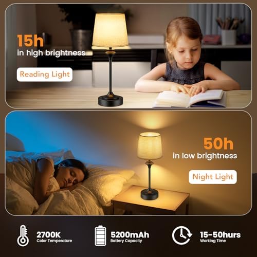 NIORSUN Portables Cordless Table Lamp Set of 2, Battery Operated Lamp, Bedside Table Lamp with Warm White,3 Way Dimmable Touch Desk Lamp for Bedroom Living Room Restaurant Whtie Shade (Black) - Image 4