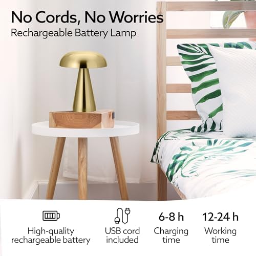 Brushed Gold Mushroom Table Lamp, Cordless Rechargeable LED Metal Lamp, Tap Touch 3-Color Modes Changing Light, Small Portable Accent Lamp for House, Restaurant, Hotel, Bars, Travel, Emergencies - Image 3