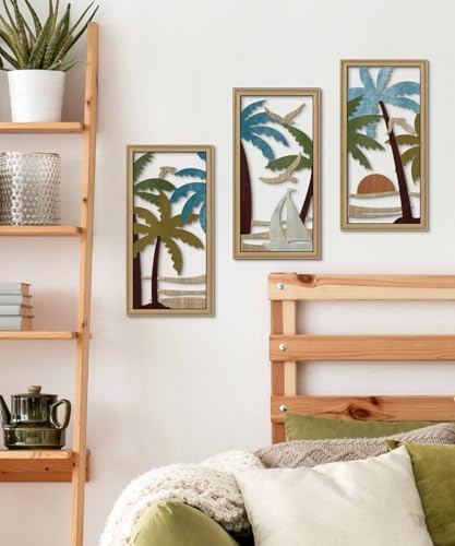 Putuo Decor Palm Tree Wall Decor Set of 3, Coastal Wall Decor, Boho Wall Art, Beach Themed Wooden Wall Plaque for Living Room Bedroom Bathroom - Image 4