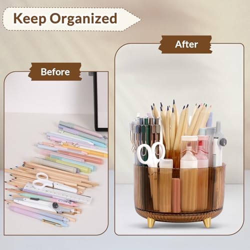 SKYDUE Rotating Pencil Pen Holder, Pen Organizer with 5 Slots - Aesthetic Desk Organizer and Accessories for School, Home, Office Supplies, Clear Tawny - Image 6