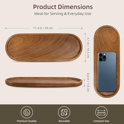 Small Acacia Wood Serving Tray, Wooden Decorative Tray for Coffee Table, Kitchen, Bathroom Counter - Wood Platter for Candles, Perfume, Snacks (11.4 x 4.1 x 0.6 in) - Image 2