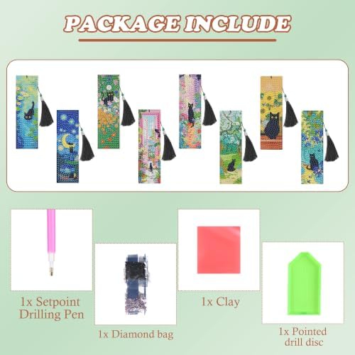 8 Pack Diamond Art Bookmark of Black Cat Oil Painting Design with Tassel - Image 2
