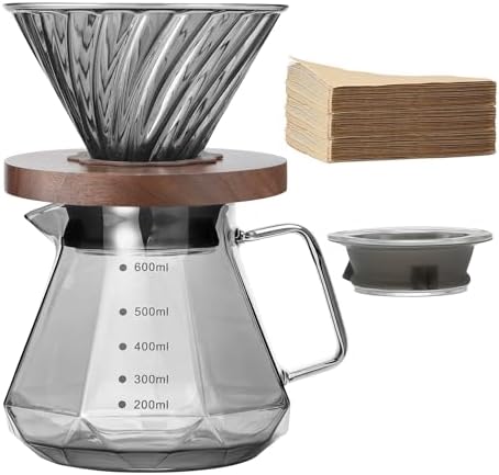 Lalord Pour Over Coffee Maker, 20 oz Borosilicate Glass Carafe with 100 pcs Paper Filter, Walnut Handle & Glass Lid, Drip Coffee Maker for Home Café Restaurant Camping, 600 ml, Gray by Lalord