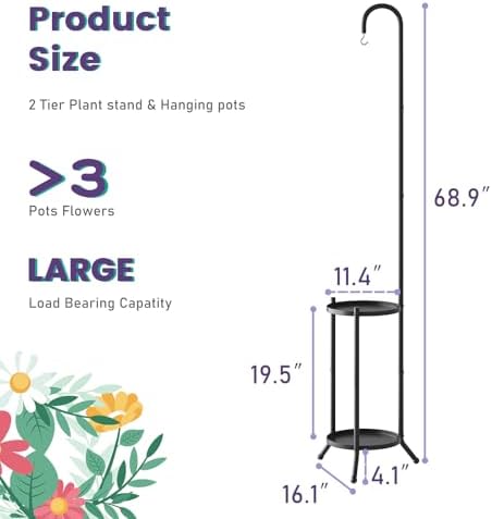 2-Tier Metal Plant Stand with Hanging Hook, Indoor Outdoor Plant Shelf,Heavy Duty Plant holder Rustproof Iron Multiple Plant Round Supports Rack for Planter Corner Garden Balcony Patio (Black) - Image 6