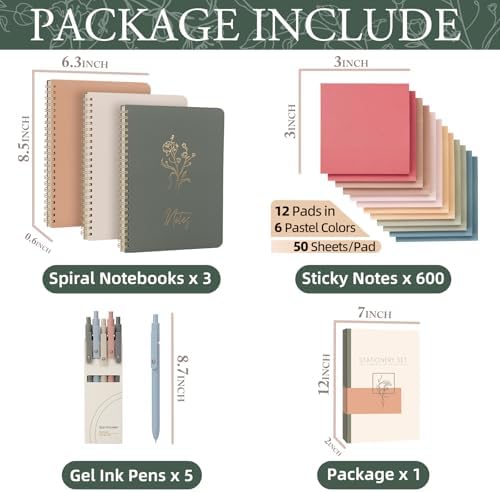 Cute Spiral Notebook Set For Women, Bible Journal Set, 3 Pack A5 Spiral Notebook + 5 PCS Gel Pens + 600 Sticky Notes + Gift Box, Aesthetic Gift Set for Work Students School Office Supplies - Image 2