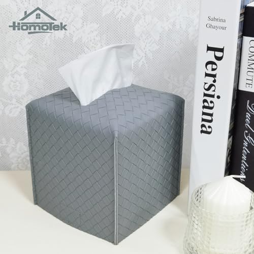 HOMOTEK 1 Pack Tissue Box Cover, Square PU Leather Tissue Holder, Decorative Facial Tissue Cube Paper Organizer Dispenser for Bathroom, Night Stands, Desk, Car 5X5X5'' - Woven Waffle,Light Gray - Image 2