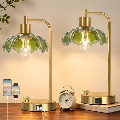 Glass Table Lamps Set of 2, Green Dimmable Bedside Lamps for Living Room by Qimh