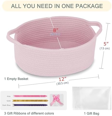 COMSE Empty Small Gift Basket with Bag & Ribbons, Light pink - Image 2