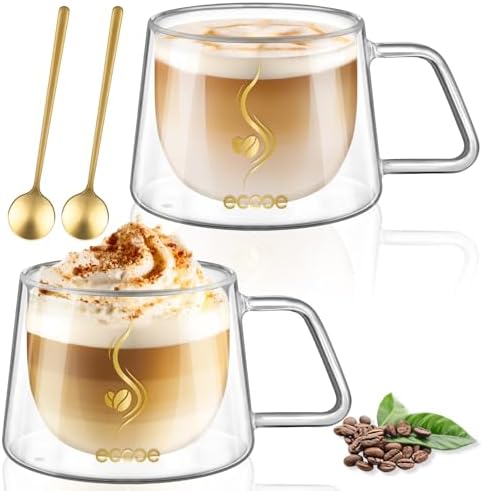 ecooe Double Walled Glass Coffee Mug 12oz Cappuccino Latte Cups Set of 2 by ecooe